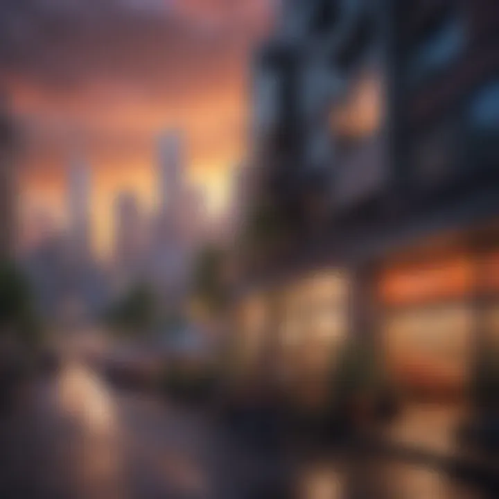 A vibrant urban skyline featuring modern architecture and bustling city life