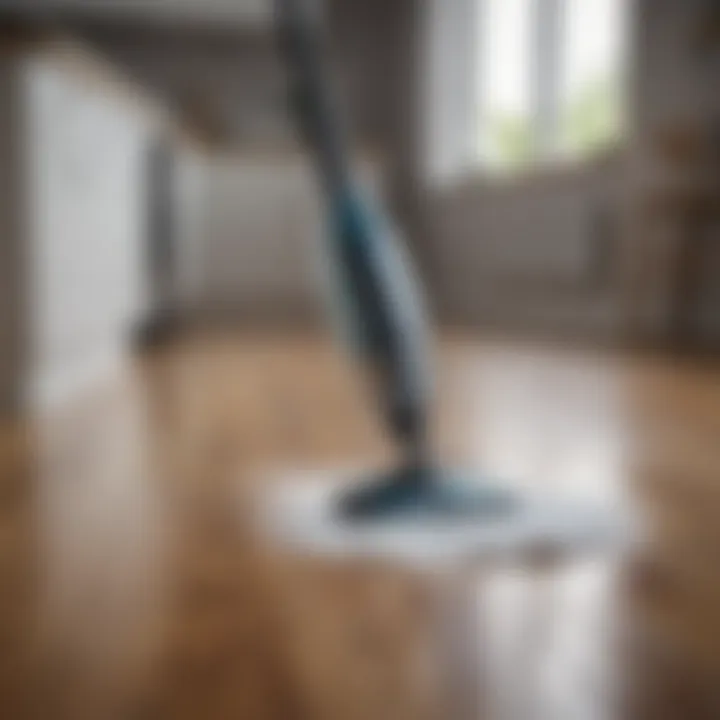 Steam mop in action on laminate floor