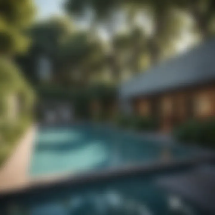 Outdoor pool area surrounded by lush greenery at Lakewood Apartments