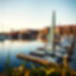 A scenic view of Liberty Station waterfront with boats docked