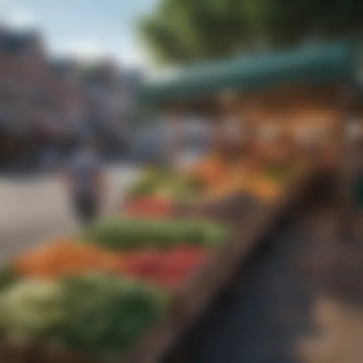 A vibrant local market bustling with activity and fresh produce.