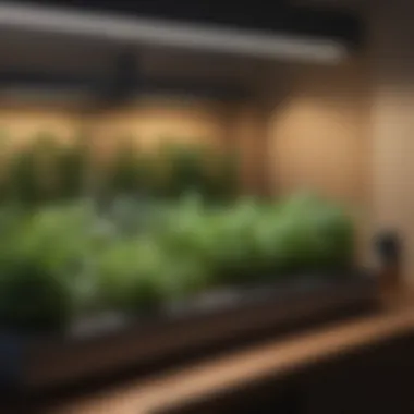 Illuminated Indoor Herb Garden A well-lit indoor herb garden showcasing growth stages of herbs