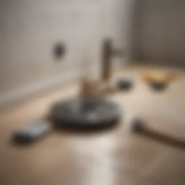Tools and supplies for unclogging a shower drain laid out on a bathroom floor