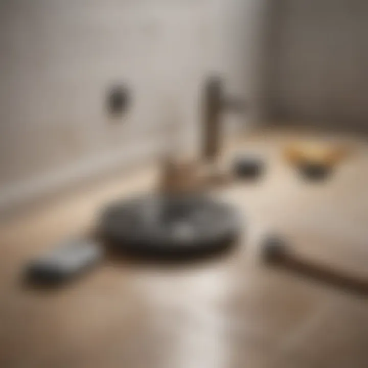 Tools and supplies for unclogging a shower drain laid out on a bathroom floor