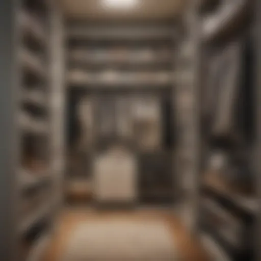 An elegantly organized narrow closet showcasing stylish storage solutions