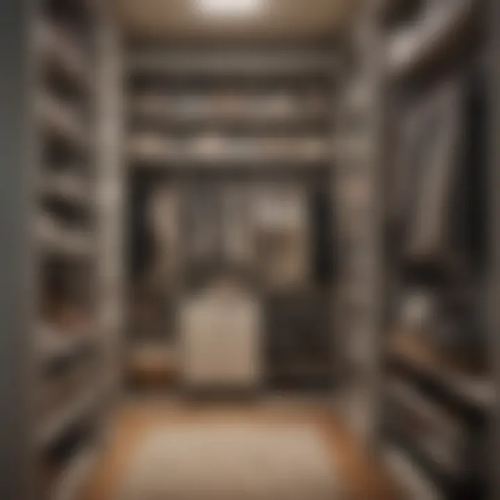 An elegantly organized narrow closet showcasing stylish storage solutions