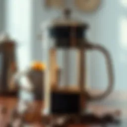 An elegant press coffee maker with fresh coffee grounds