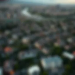 Aerial view of a city with various properties highlighted