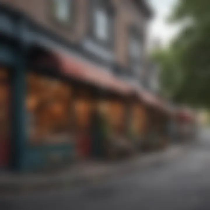 A vibrant neighborhood street showcasing local cafes and shops.