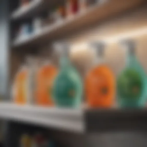 An array of eco-friendly cleaning products arranged neatly on a shelf.