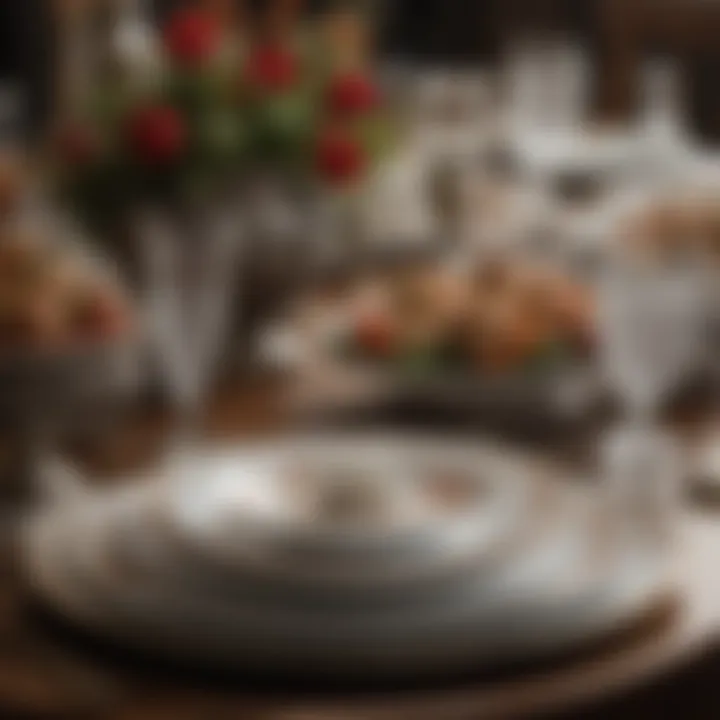 Close-up of intricate table arrangement featuring fine china and decorative elements