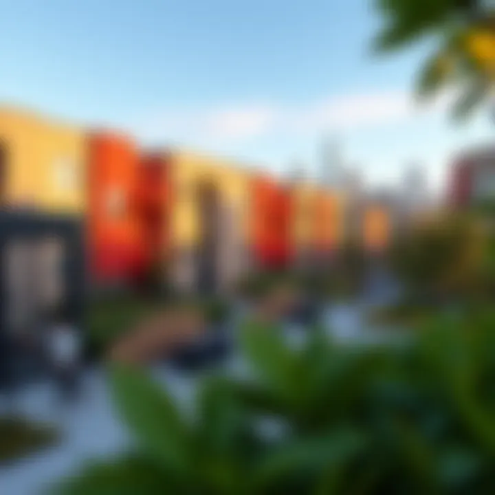 Dynamic Community Features Vibrant community atmosphere surrounding skyline view apartments