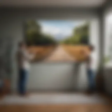 Alignment Techniques for Large Canvas An artist placing a large canvas on a wall, demonstrating proper alignment techniques.