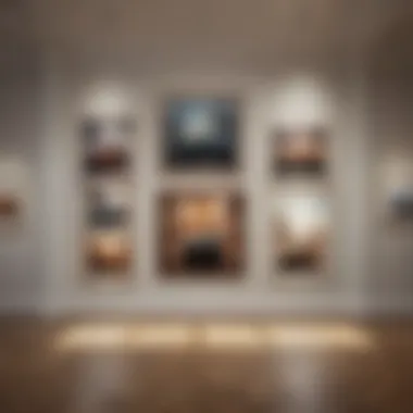 An elegant gallery wall with various large art pieces in different frames.