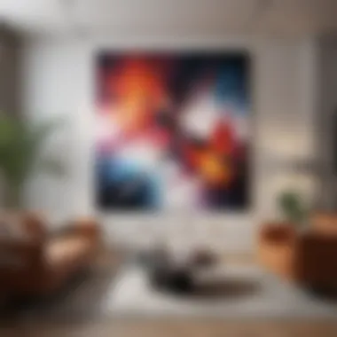 Living Room Elegance with Large Art A spacious living room showcasing a large abstract painting above a cozy sofa.