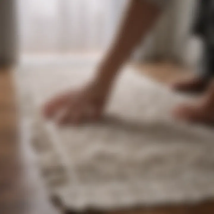 Close-up of a hand gently brushing a delicate runner rug