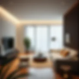 Modern minimalist one-bedroom living area showcasing space optimization