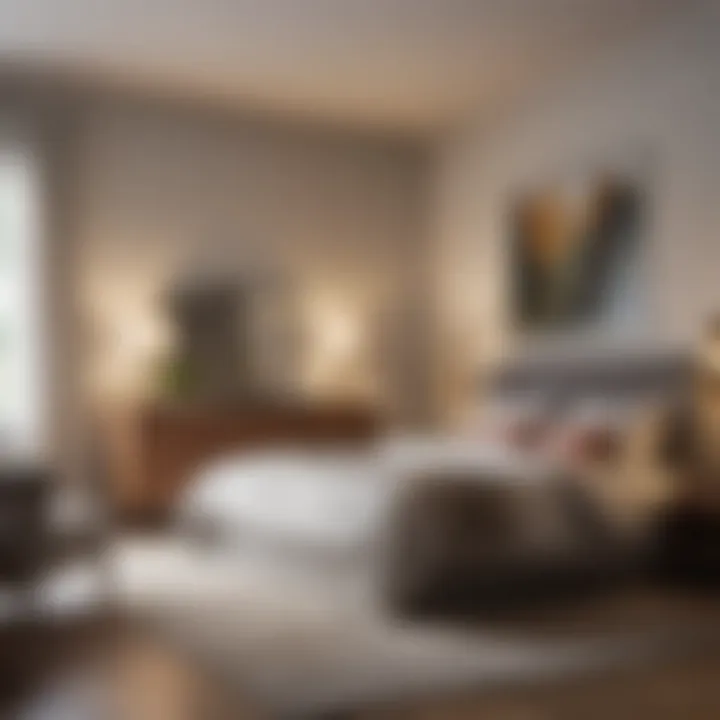A well-arranged bedroom with a made bed and neat decor.