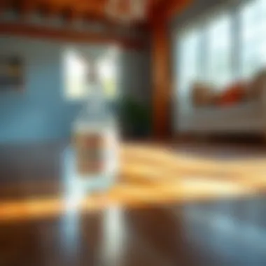Vinegar Solution for Cleaning Vinegar solution in a spray bottle next to a hardwood floor