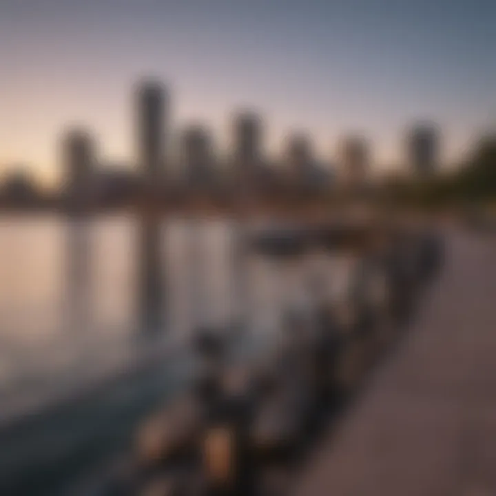 Boston skyline viewed from the waterfront at sunset