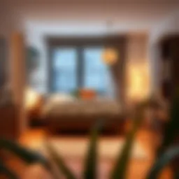 Stylish bedroom nook in a studio apartment showcasing a cozy bed and innovative space-saving solutions.