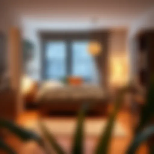 Stylish bedroom nook in a studio apartment showcasing a cozy bed and innovative space-saving solutions.