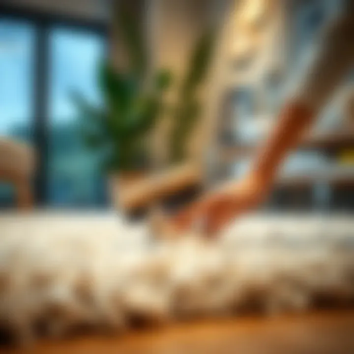 Gentle Rug Cleaning Fluffy rug being gently cleaned with a brush