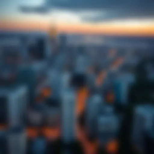 Diverse Property Types in Urban Settings Aerial view of a bustling city skyline showcasing various property types